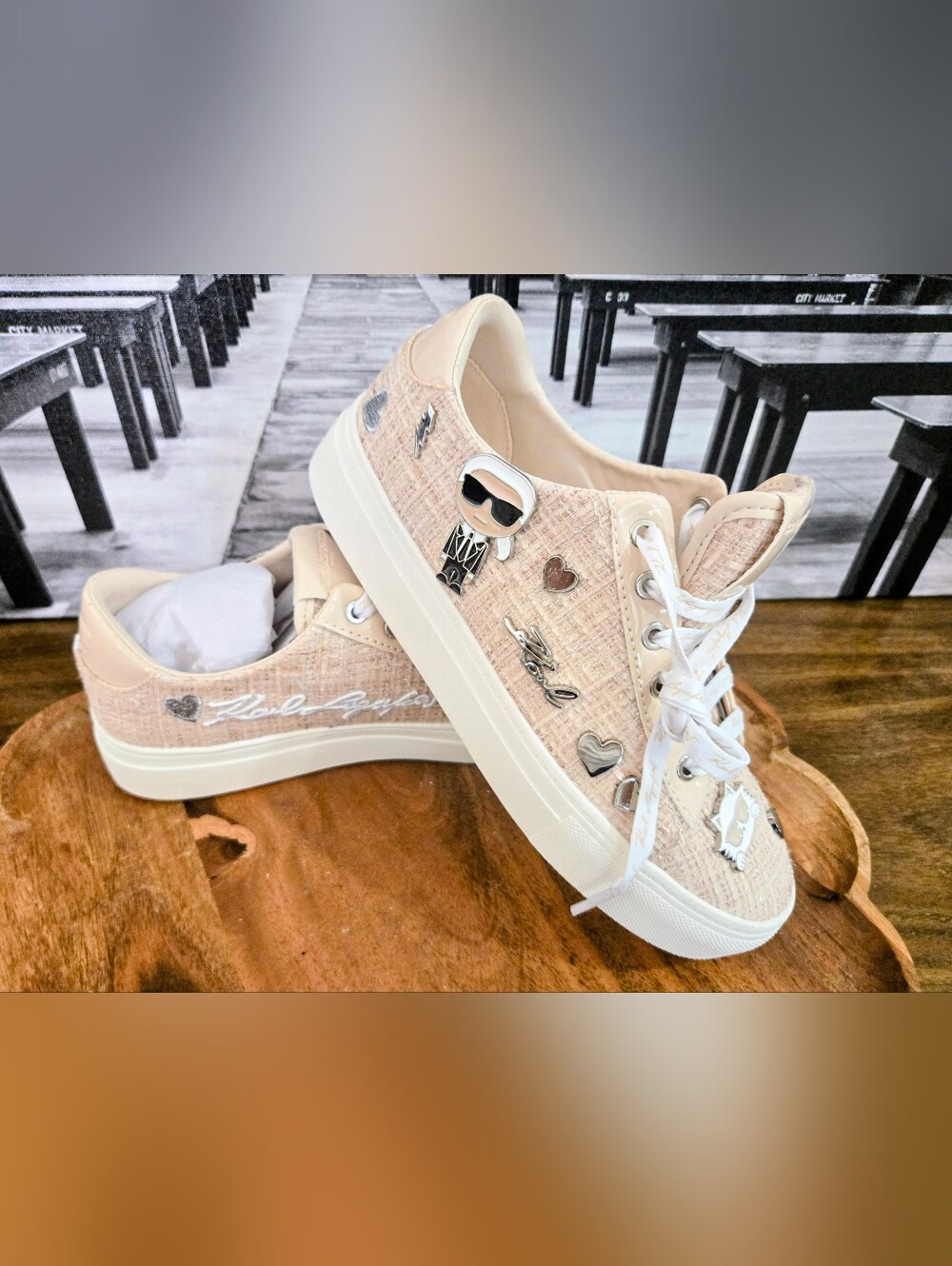 Karl Lagerfeld Paris Cate Pins Tweed Platform Sneakers NEW Size 6